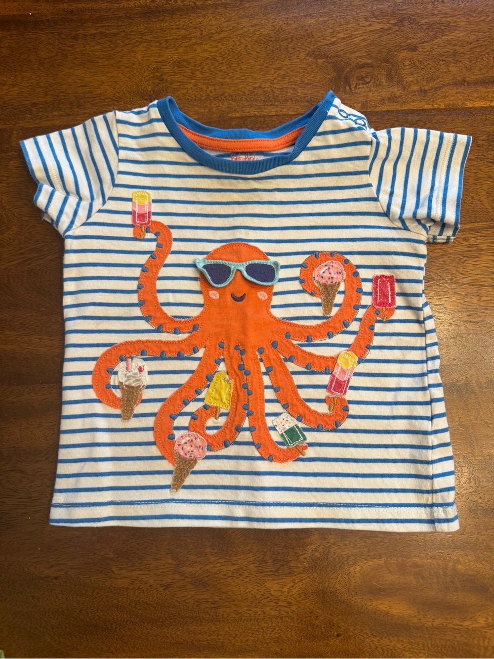 Mini Boden Striped Kids Tee with Orange Octopus Applique